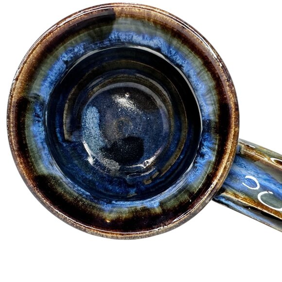 Hand Thrown Pottery‎ Mug Oversized Sculpted Handle Blue & Black Drip Glaze 16 Oz - Picture 4 of 13